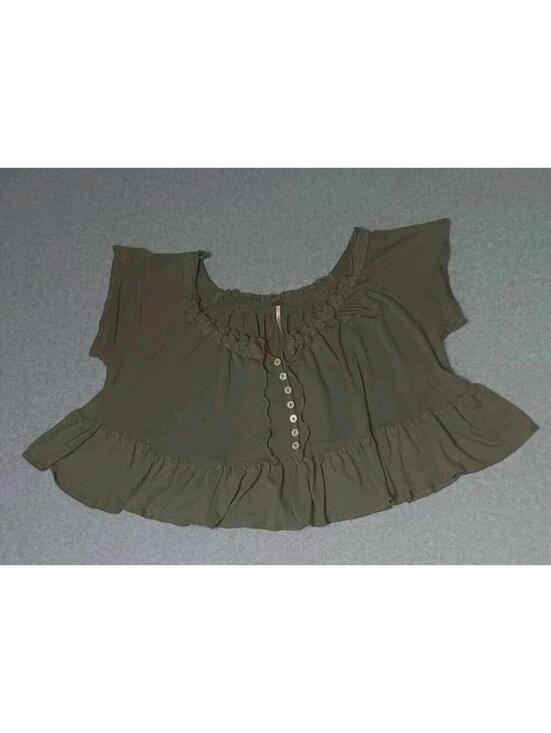 Free People Tops - Free People Cropped Short Sleeve Blouse Womens Size XS Sage Green Partial Button